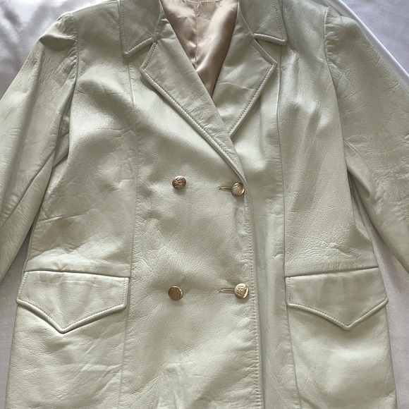 Vintage Ivory Double Breasted Leather Blazer Jacket Gold Buttons Satin Lined - Picture 8 of 10
